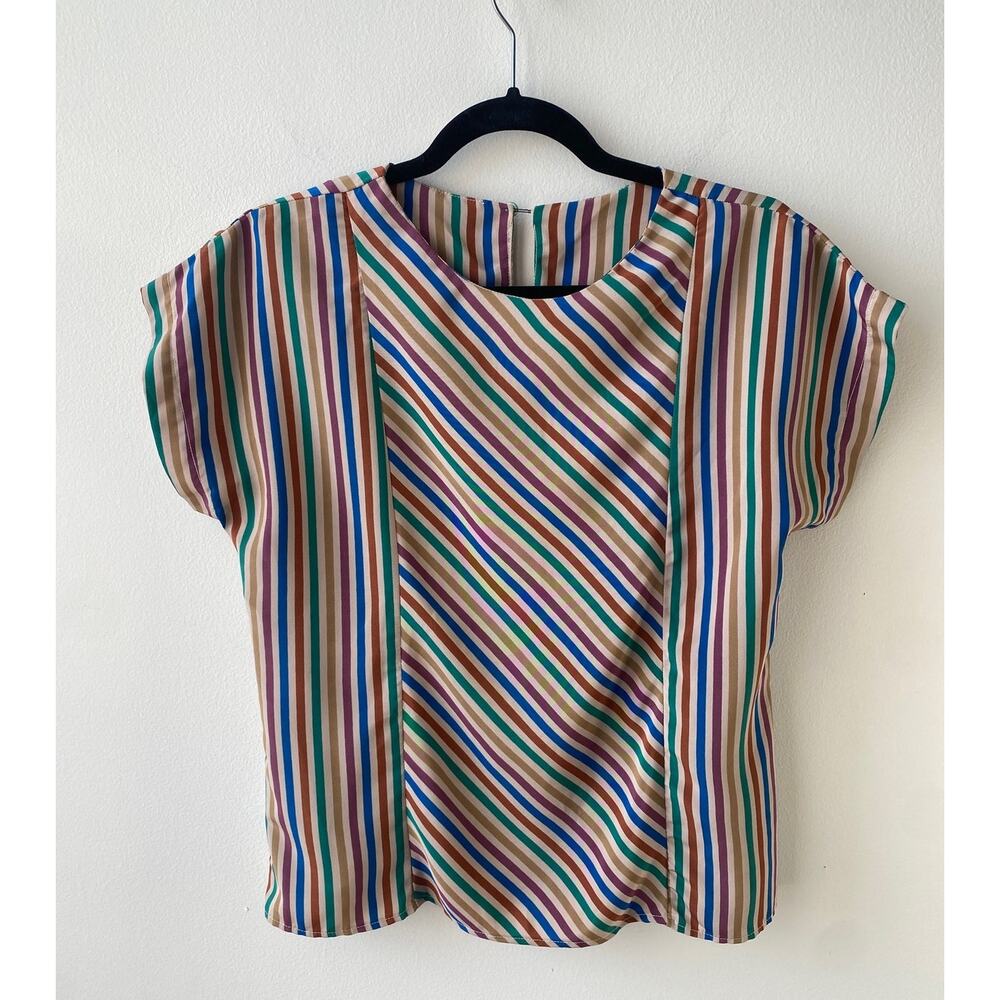 Vintage 70s Striped Blouse Boho Earth Tones Batwing Sleeves Rainbow Shirt Top L